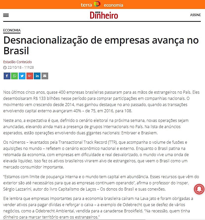 Desnacionalizao de empresas avana no Brasil